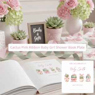 Cactus Pink Ribbon Baby Girl Shower Book Plate Quadratischer Aufkleber