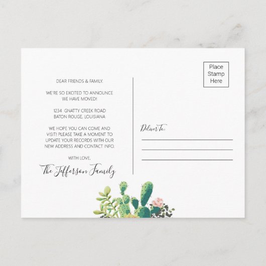 Cactus Planted New Roots Moved Moving Ankündigungspostkarte (Rückseite)