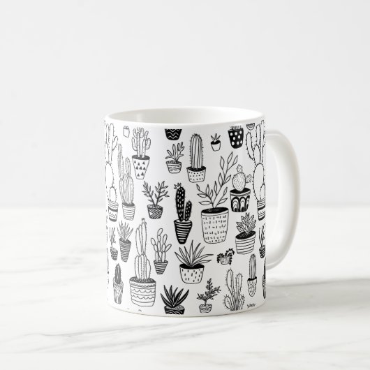 Cactus Potted Pflanze Niedliches Muster Schwarz &  Kaffeetasse (VorderseiteRechts)