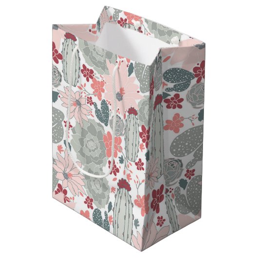 Cactus rosa succulents floral Pattern Mittlere Geschenktüte (Vorderseite Schrägansicht)