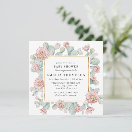 Cactus | Rustic Boho Babydusche Einladung (Stehend Vorderseite)