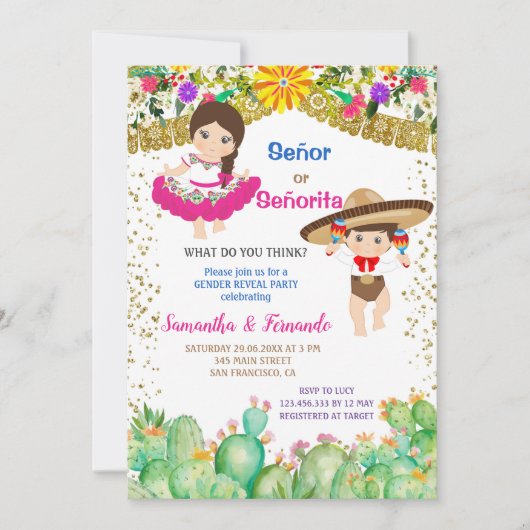 Cactus Señor oder Señorita Fiesta Gender Reveal Einladung (Vorderseite)