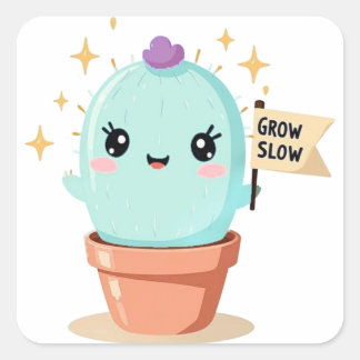 Cactus StickerGrow Slow - Niedlicher Kawaii Pastel Quadratischer Aufkleber