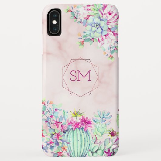 Cactus succulent Blush Marble Geometric Monogram Case-Mate iPhone Hülle (Rückseite)