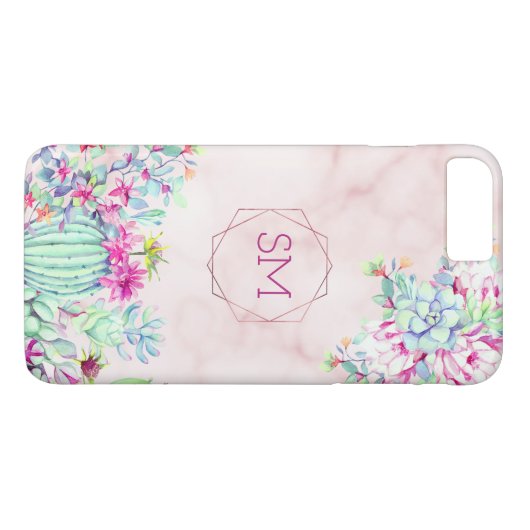 Cactus succulent Blush Marble Geometric Monogram Case-Mate iPhone Hülle (Rückseite (Horizontal))