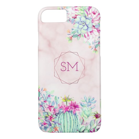 Cactus succulent Blush Marble Geometric Monogram Case-Mate iPhone Hülle (Rückseite)
