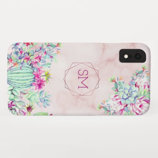 Cactus succulent Blush Marble Geometric Monogram Case-Mate iPhone Hülle (Rückseite (Horizontal))