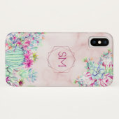 Cactus succulent Blush Marble Geometric Monogram Case-Mate iPhone Hülle (Rückseite (Horizontal))