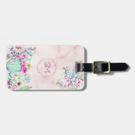Cactus succulent Blush Marble Geometric Monogram Gepäckanhänger (Vorderseite horizontal)