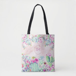Cactus succulent Blush Marble Geometric Monogram Tasche