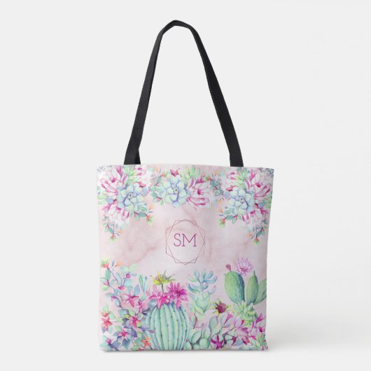 Cactus succulent Blush Marble Geometric Monogram Tasche (Rückseite)