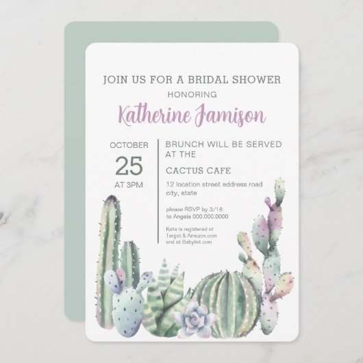 Cactus succulent Brautparty Mint Einladung (Vorne/Hinten)
