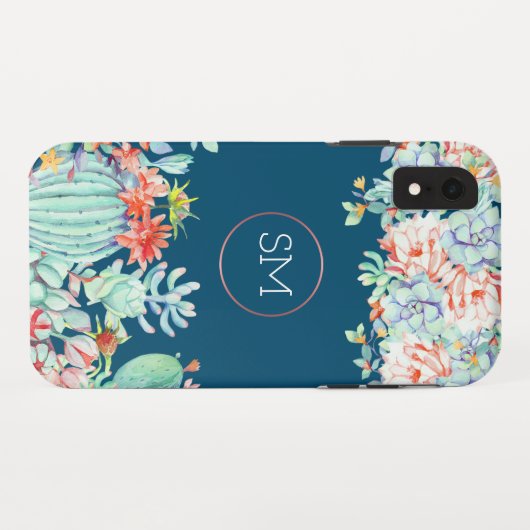 Cactus succulent monogram Ocean Blue Monogram Case-Mate iPhone Hülle (Rückseite (Horizontal))