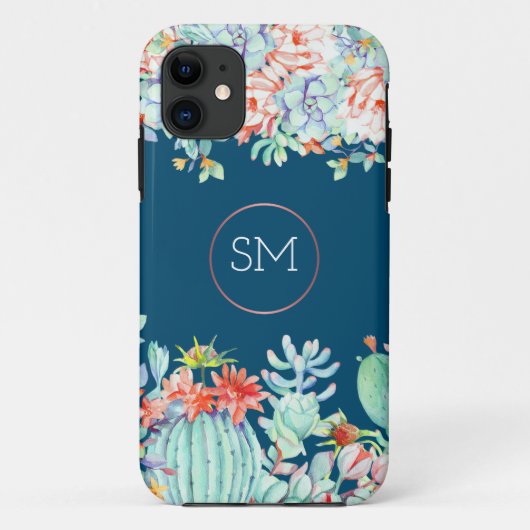 Cactus succulent monogram Ocean Blue Monogram Case-Mate iPhone Hülle (Rückseite)