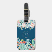 Cactus succulent monogram Ocean Blue Personalisier Gepäckanhänger (Vorderseite vertikal)