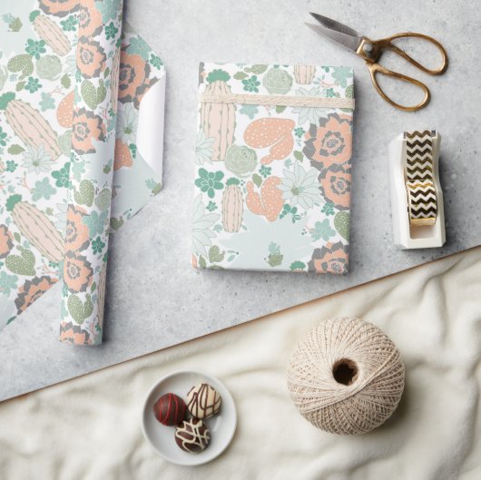 Cactus succulent Pattern Coral Green Geschenkpapier (Kunsthandwerk)