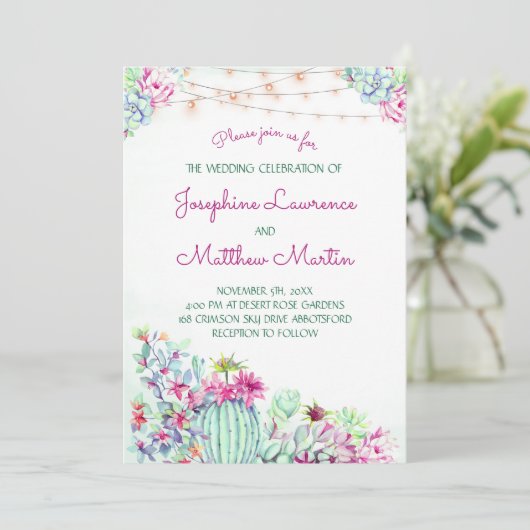 Cactus succulent String Lights Wedding Einladungen (Stehend Vorderseite)