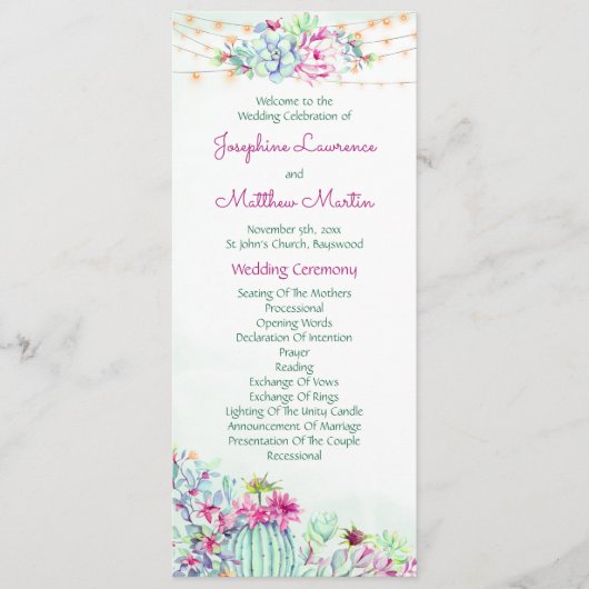 Cactus succulents string Lights Wedding Programs Programm (Vorderseite)