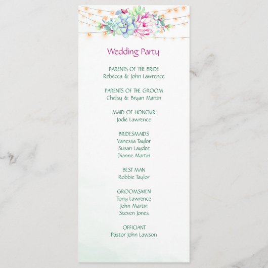 Cactus succulents string Lights Wedding Programs Programm (Rückseite)