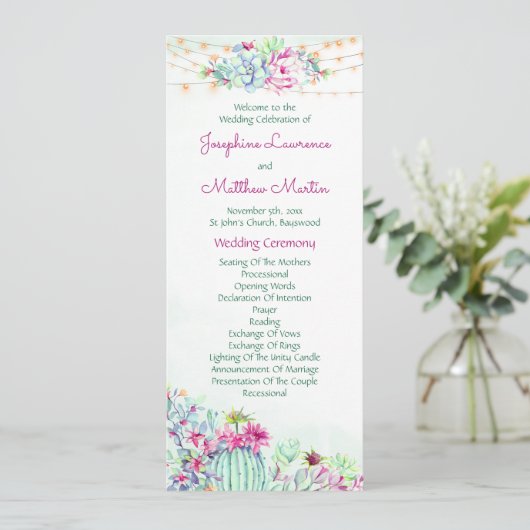 Cactus succulents string Lights Wedding Programs Programm (Stehend Vorderseite)