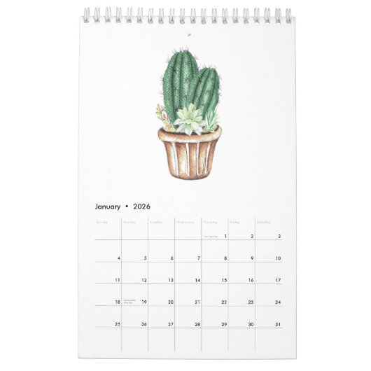Cactus suculents in wässriger Farbe Kalender (Jan 2026)
