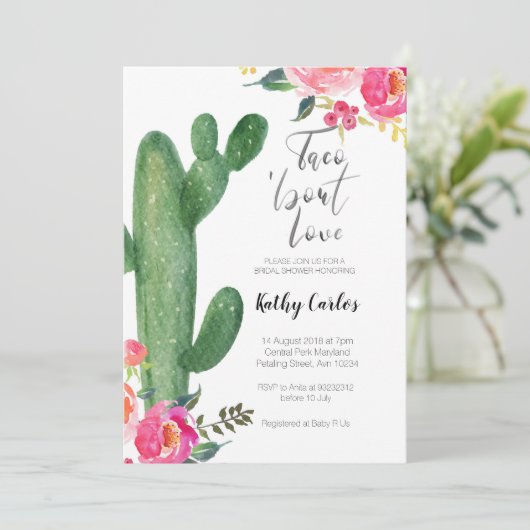 Cactus Taco über Liebe bridal SHOWER Einladung (Stehend Vorderseite)