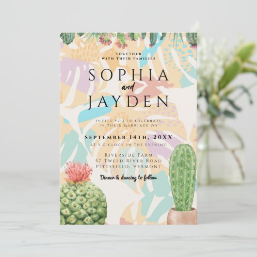 Cactus Tropical Palm Tree Desert Boho Wedding Einladung (Stehend Vorderseite)