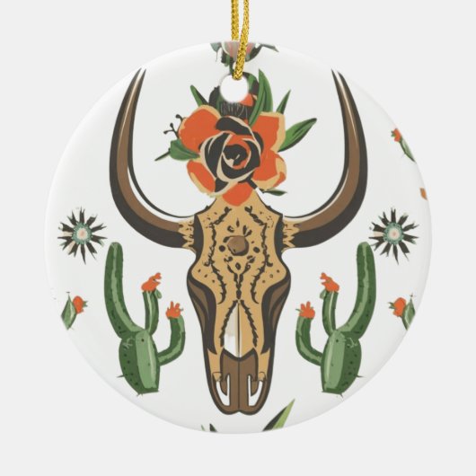 Cactus Western Country Aztec Bull Skull Keramik Ornament (Vorne)