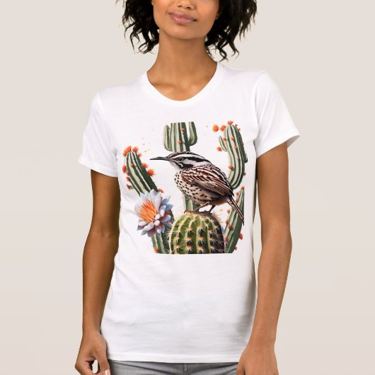 Cactus Wren umgeben von Saguaro Cactus Blossom T-Shirt (Vorderseite)