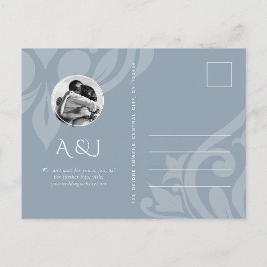 Cadet Gray Classic Script Wedding Save the Date Ankündigungspostkarte (Rückseite)