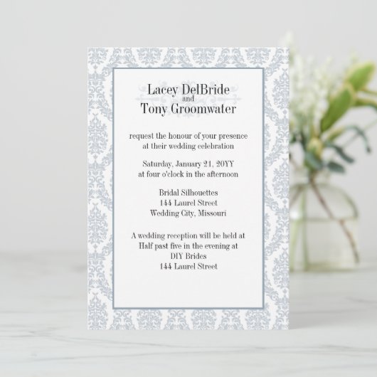 Cadet Gray Damask Theme Wedding Custom Einladung (Stehend Vorderseite)