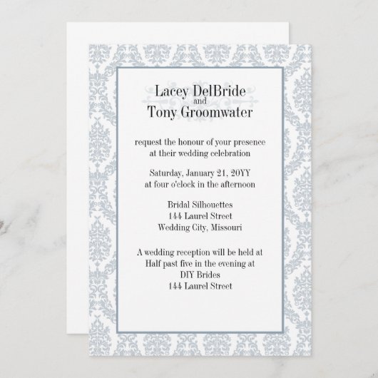 Cadet Gray Damask Theme Wedding Custom Einladung (Vorne/Hinten)