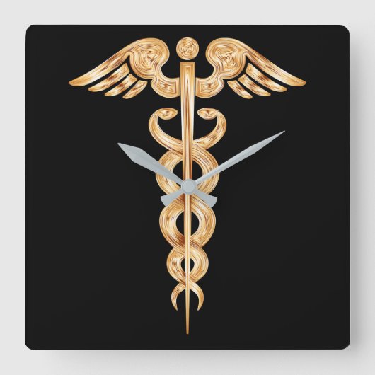 Caduceus Black and Gold Wall Clock Quadratische Wanduhr (Vorderseite)