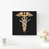 Caduceus Black and Gold Wall Clock Quadratische Wanduhr (Zuhause)