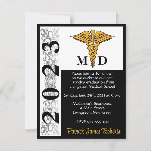 Caduceus Black & Gold Medical School Abschluss Einladung (Vorderseite)