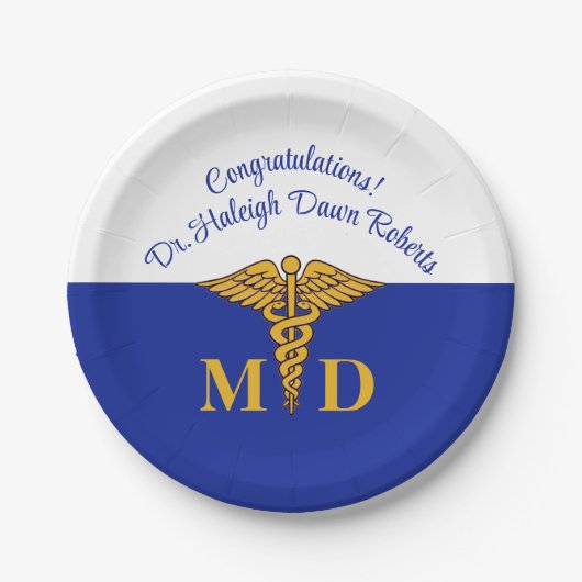 Caduceus Blue & White Medical School Abschluss Pappteller (Vorderseite)