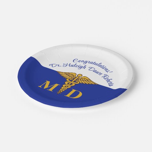 Caduceus Blue & White Medical School Abschluss Pappteller (Schrägansicht)