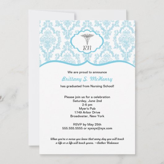 Caduceus Damask blue Nursing School Abschluss RN Einladung (Vorderseite)