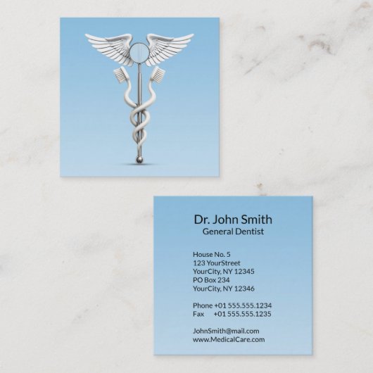 Caduceus Dental Mirror White Toothbrush Medical Quadratische Visitenkarte (Vorne/Hinten)