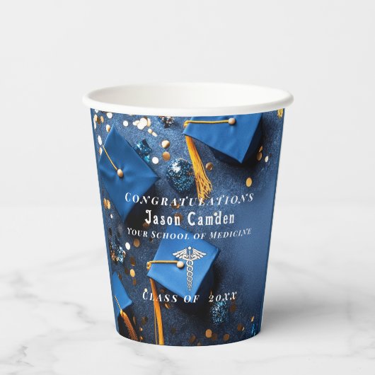 Caduceus Elegant Gold Confetti Navy Blue Pappbecher (Rückseite)