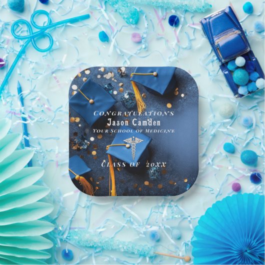 Caduceus Elegant Gold White Navy Blue Abschluss Pappteller (Party)