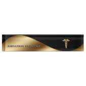 Caduceus Gold Black Banner Medical elegante Chic Namensplakette (Vorderseite)