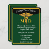 Caduceus Green & Black Medical School Graduation Einladung (Vorne/Hinten)