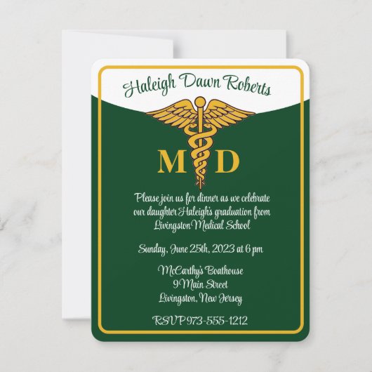 Caduceus Green & White Medical School Graduation Einladung (Vorderseite)