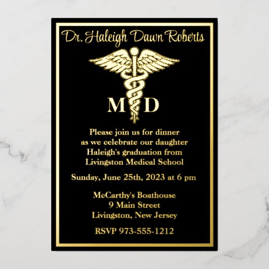 Caduceus Medical School Abschluss, Black/Gold Folieneinladung (Vorderseite)