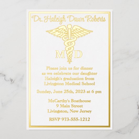 Caduceus Medical School Abschluss, White/Gold Folieneinladung (Vorderseite)