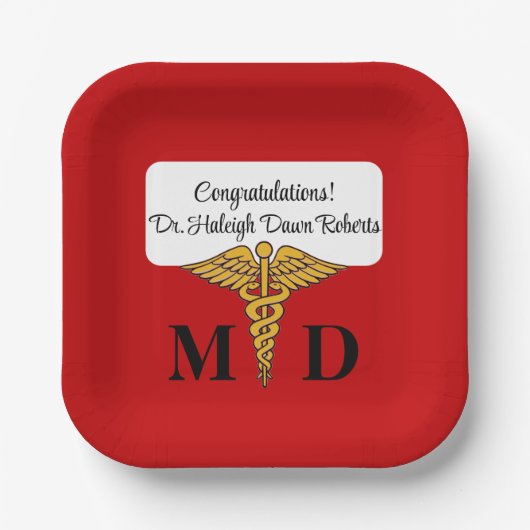 Caduceus Red & Gold Medical School Graduation Pappteller (Vorderseite)