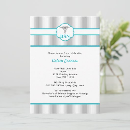 Caduceus RN BSN LPN Abschluss Turquoise Blue Einladung (Stehend Vorderseite)