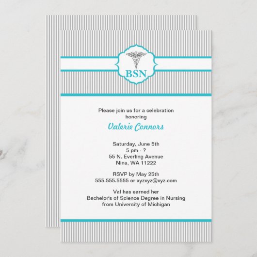 Caduceus RN BSN LPN Abschluss Turquoise Blue Einladung (Vorne/Hinten)