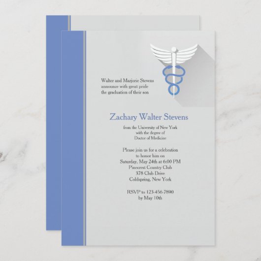 Caduceus Symbol Blue Trim Abschluss Einladung (Vorne/Hinten)